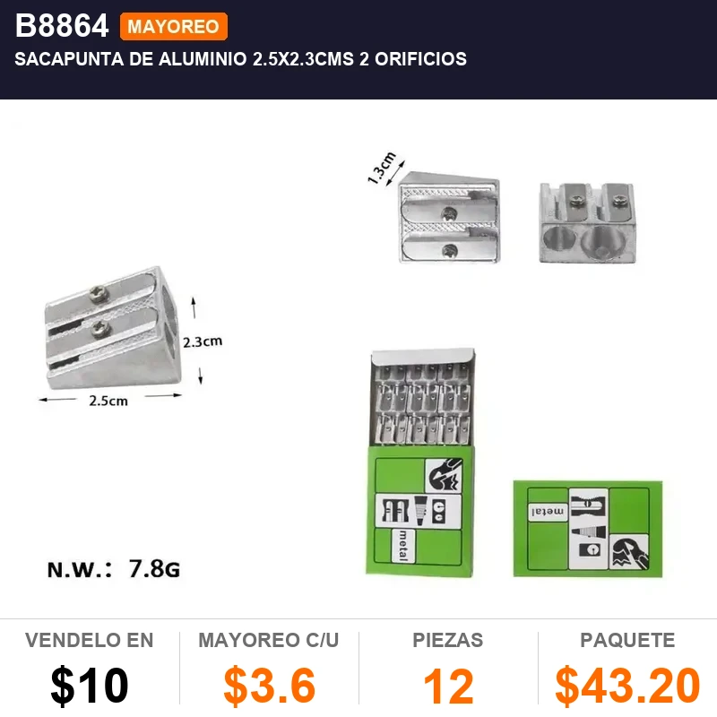 Sacapunta de aluminio 2.5x2.3cms 2 orificios - Pack x12