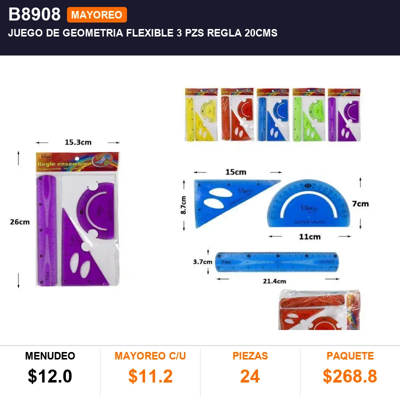 Juego de geometria flexible 3 pzs regla 20cms - Pack x24