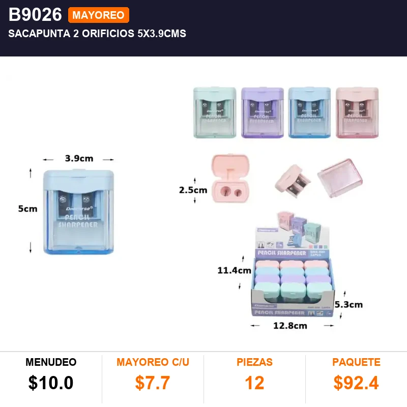 Sacapunta 2 orificios 5x3.9cms - Pack x12