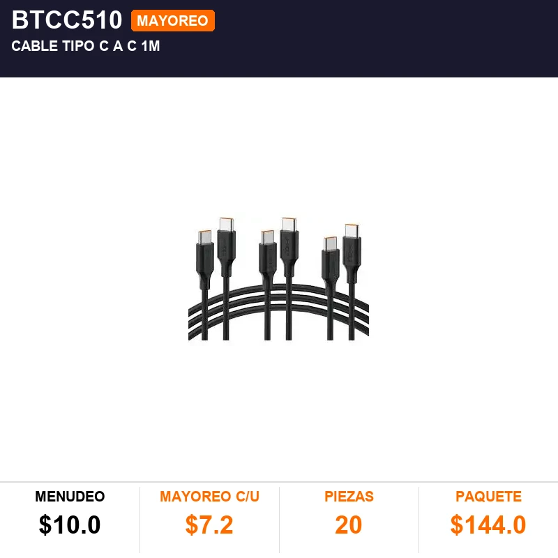 Cable tipo c a c 1m - Pack x20