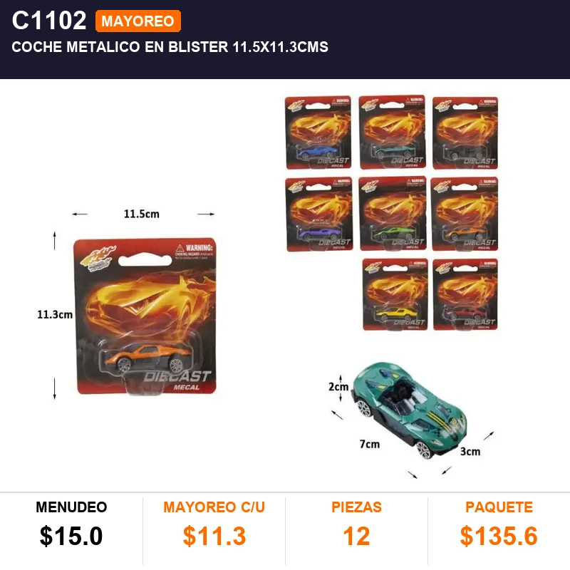 Coche metalico en blister 11.5x11.3cms - Pack x12