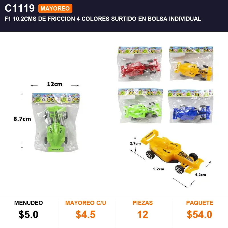 F1 10.2cms de friccion 4 colores surtido en bolsa individual - Pack x12