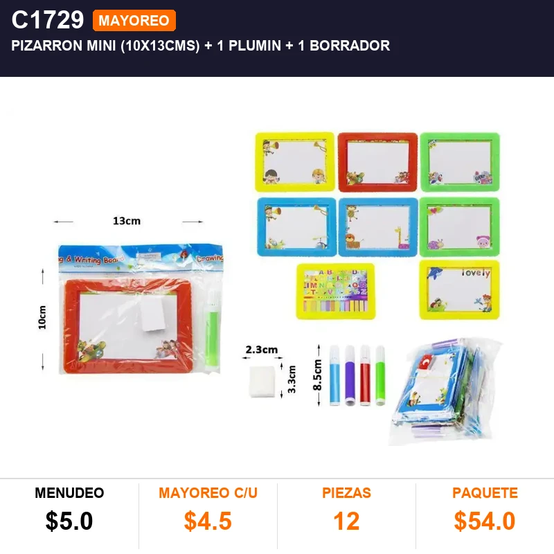 Pizarron mini (10x13cms) + 1 plumin + 1 borrador - Pack x12
