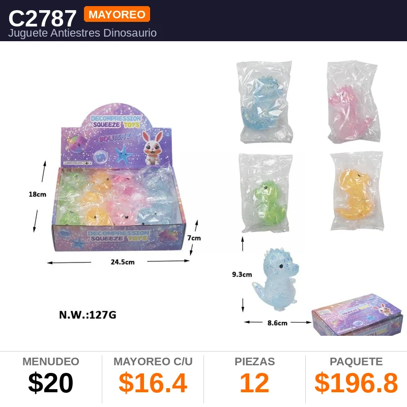 Juguete Antiestres Dinosaurio 10X8X5Cms - Pack x12