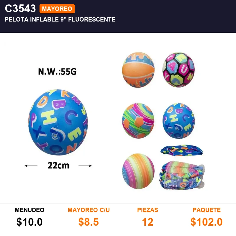 Pelota inflable 9" fluorescente - Pack x12