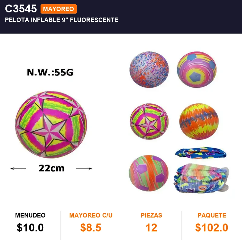 Pelota inflable 9" fluorescente - Pack x12