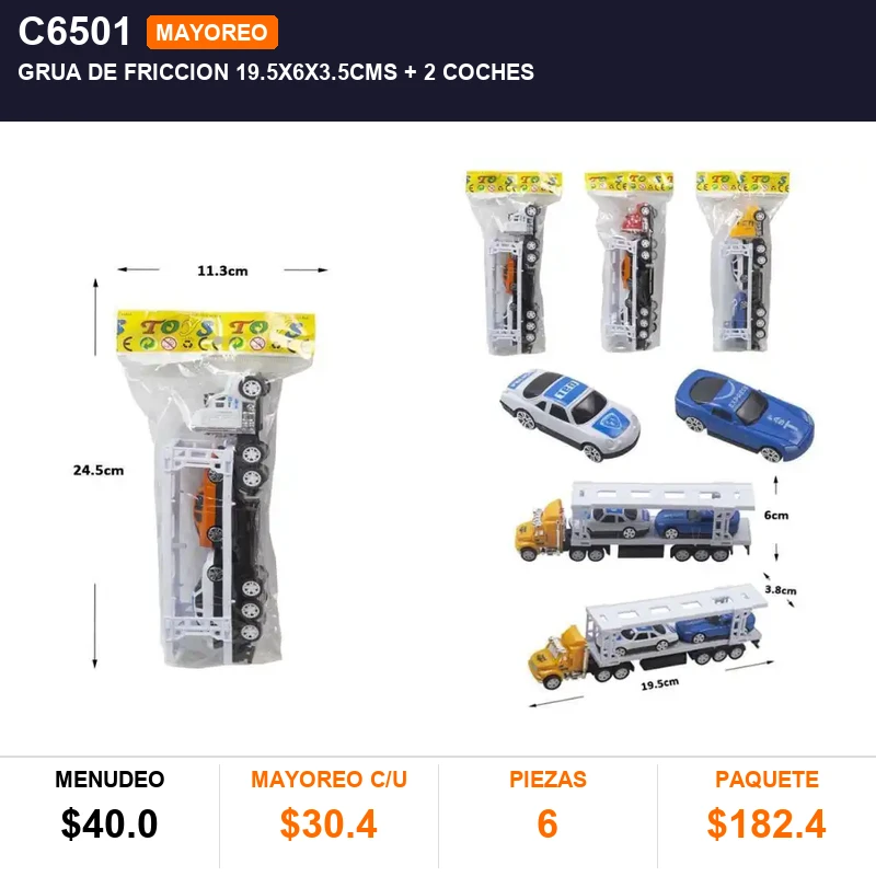 Grua De Friccion 19.5X6X3.5Cms + 2 Coches - Pack x6