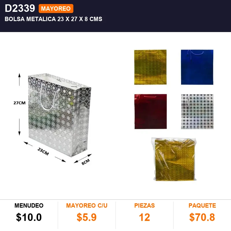 Bolsa metalica 23 x 27 x 8 cms - Pack x12