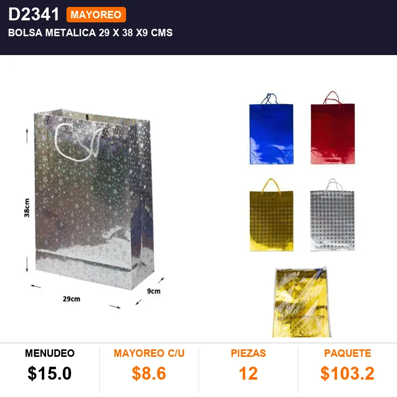 Bolsa metalica 29 x 38 x9 cms - Pack x12