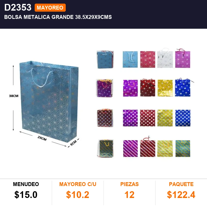 Bolsa metalica grande 38.5x29x9cms - Pack x12