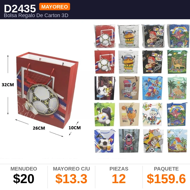 Bolsa Regalo De Carton 3D - Pack x12
