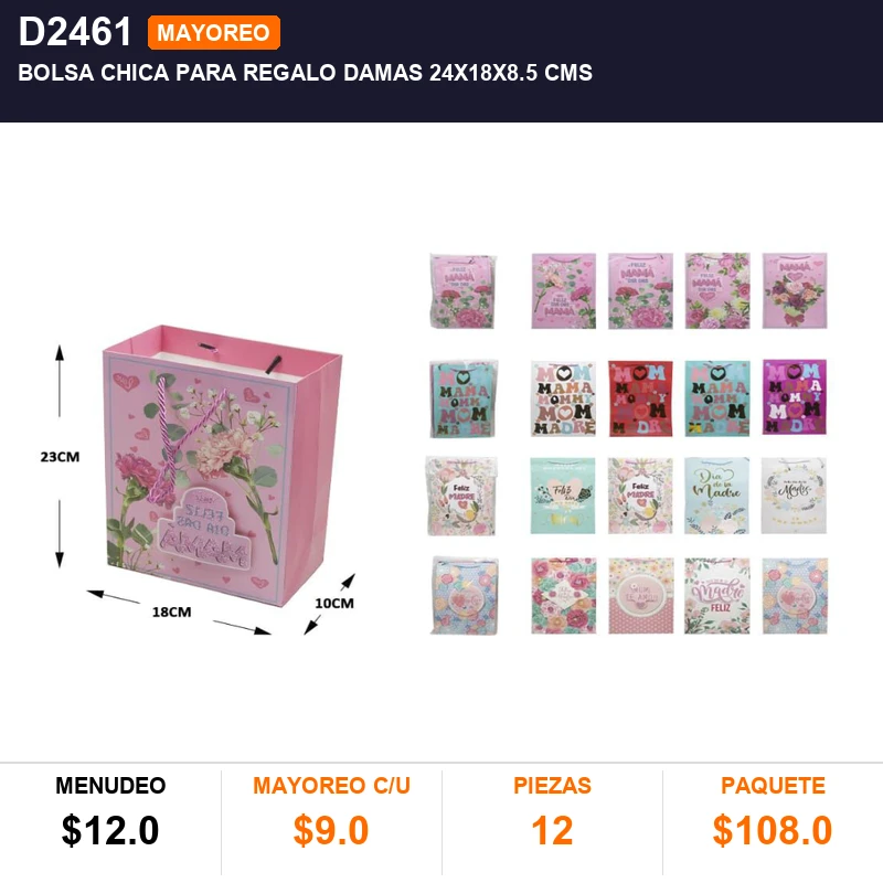 Bolsa chica para regalo damas 24x18x8.5 cms - Pack x12