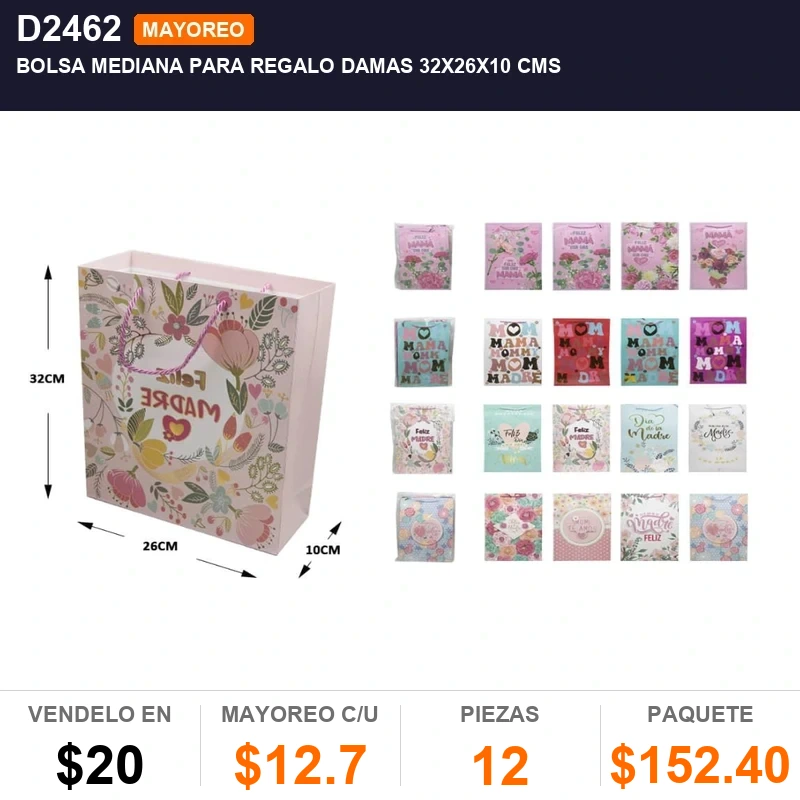 Bolsa mediana para regalo damas  32x26x10 cms - Pack x12