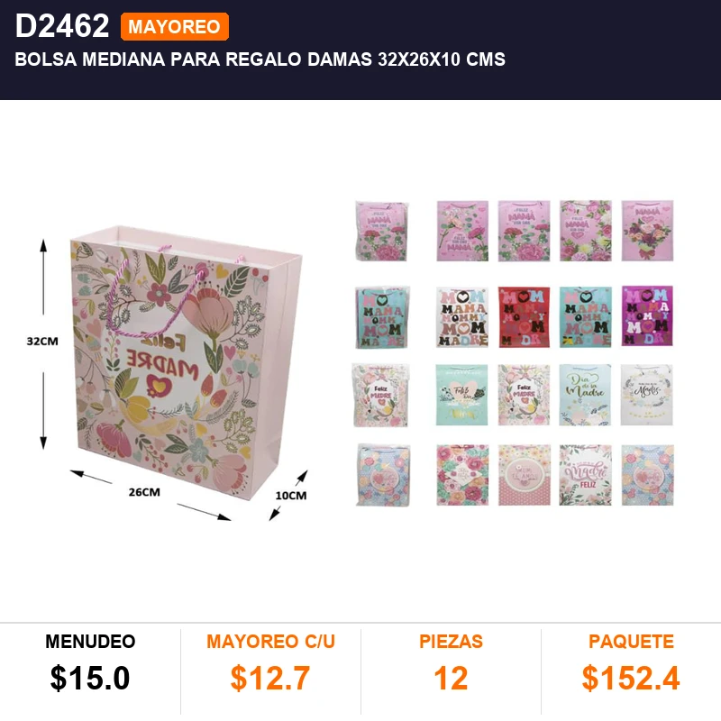 Bolsa mediana para regalo damas  32x26x10 cms - Pack x12