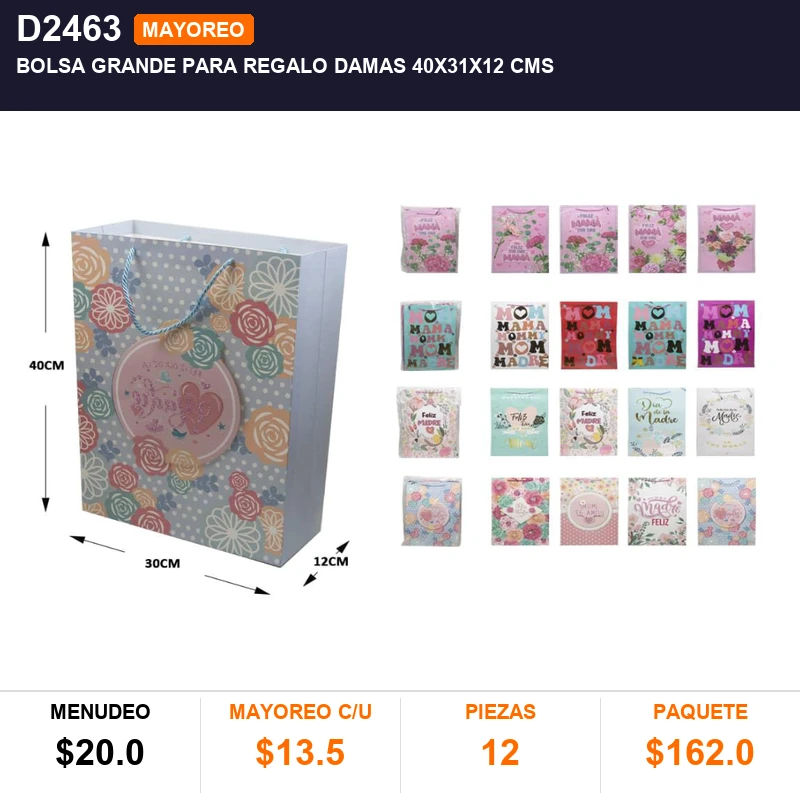 Bolsa grande para regalo damas  40x31x12 cms - Pack x12