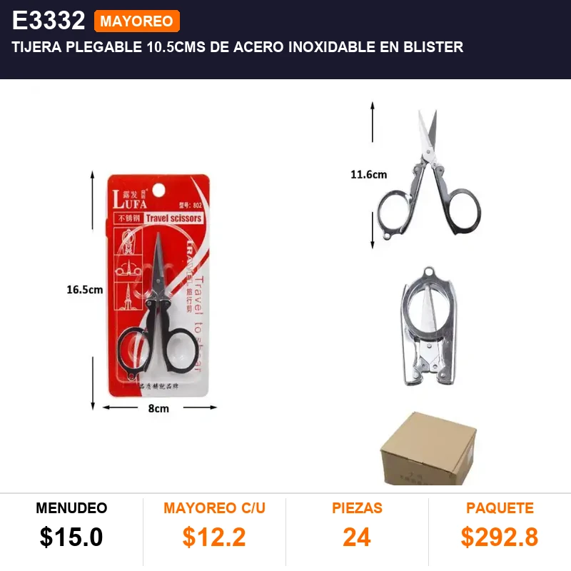 Tijera plegable 10.5cms de acero inoxidable en blister - Pack x24