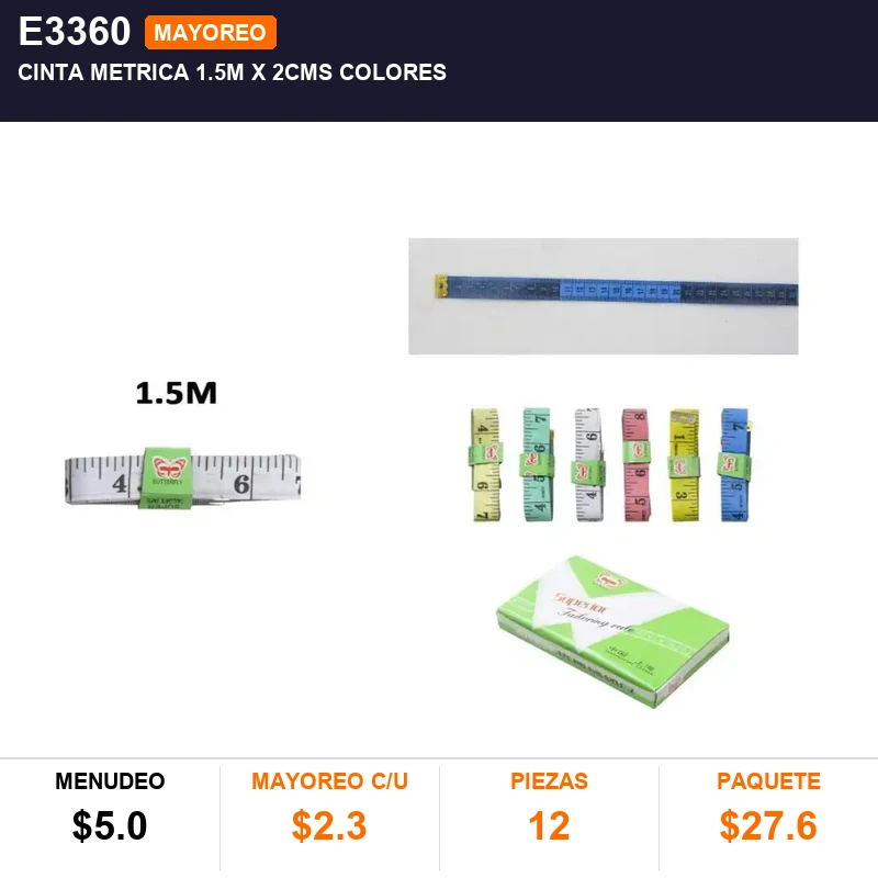 Cinta metrica 1.5M x 2cms coloresS - Pack x12