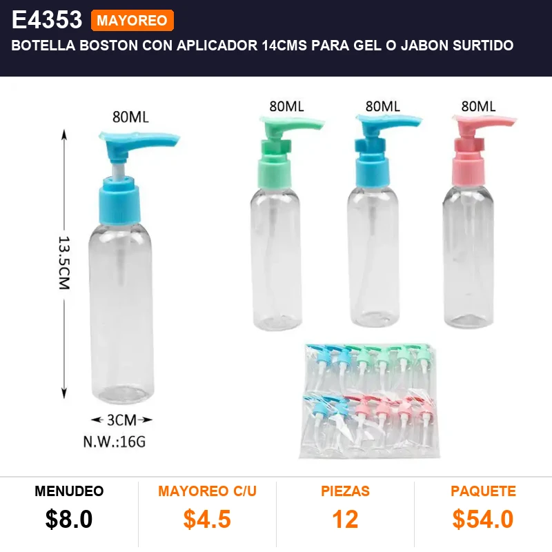 Botella Boston con aplicador 14cms para gel o jabon surtido - Pack x12