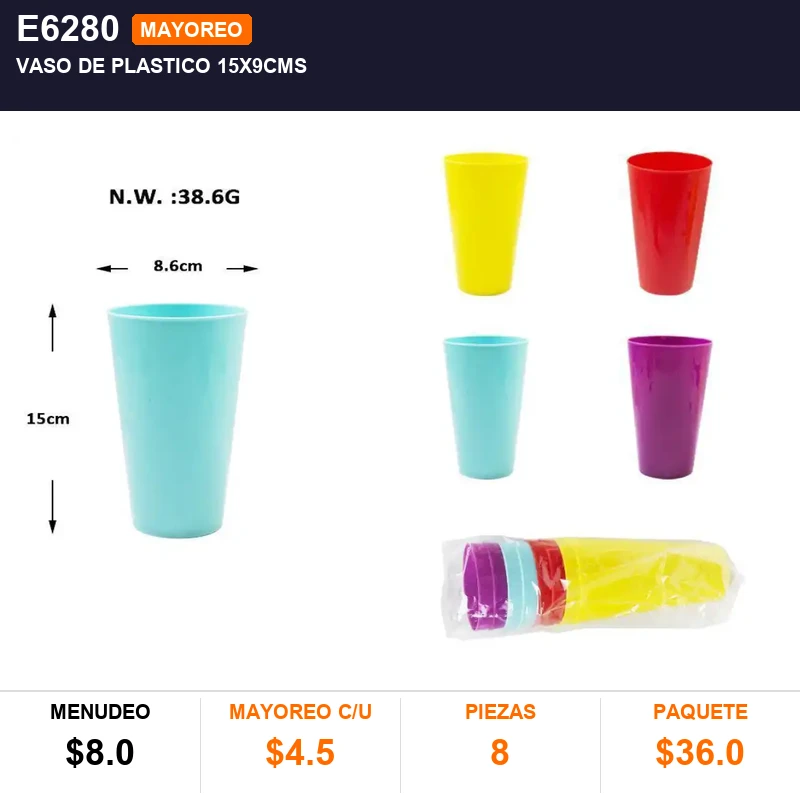 Vaso de plastico 15x9cms - Pack x8