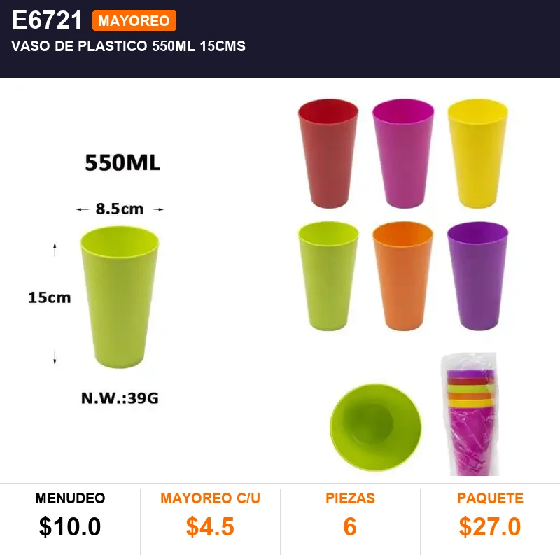 Vaso de plastico 550ml 15cms - Pack x6