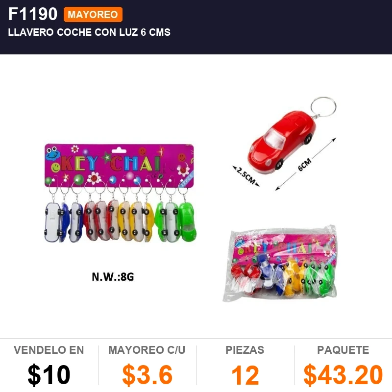 Llavero coche con luz 6 cms - Pack x12