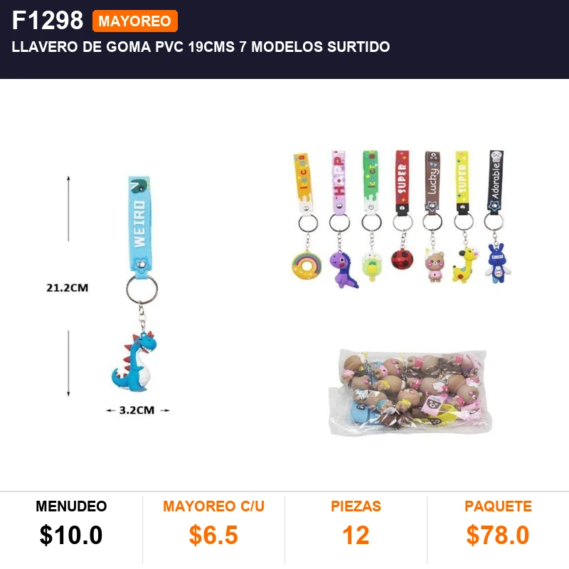 Llavero de goma pvc 19cms 7 modelos surtido - Pack x12