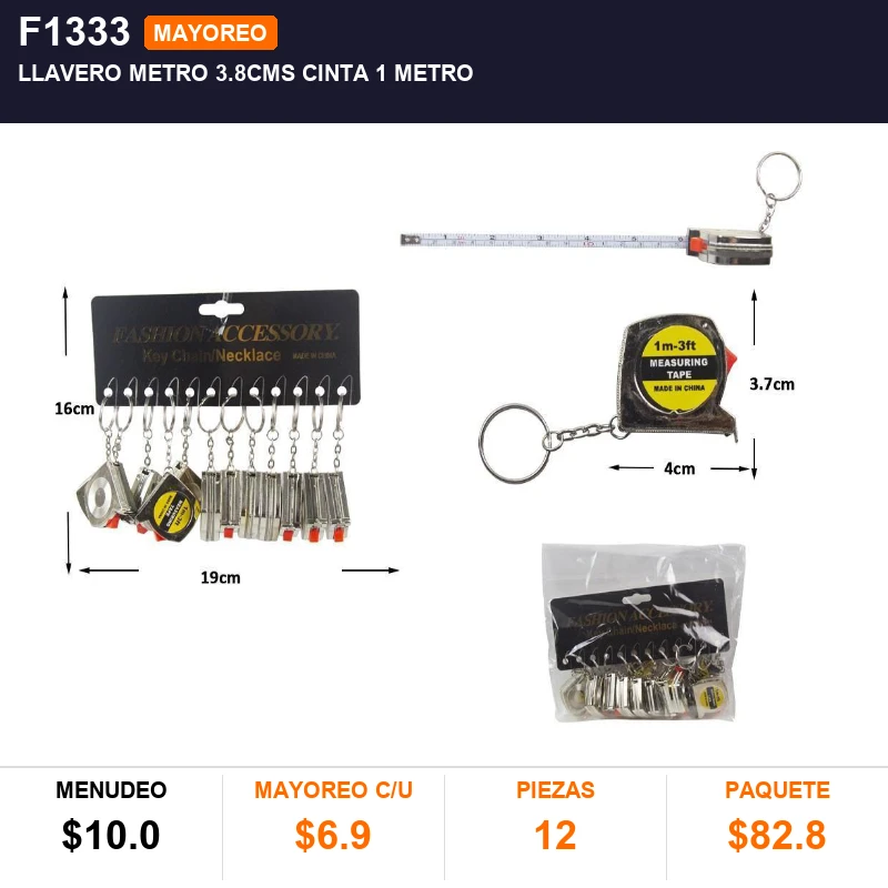 Llavero metro 3.8cms cinta 1 metro - Pack x12
