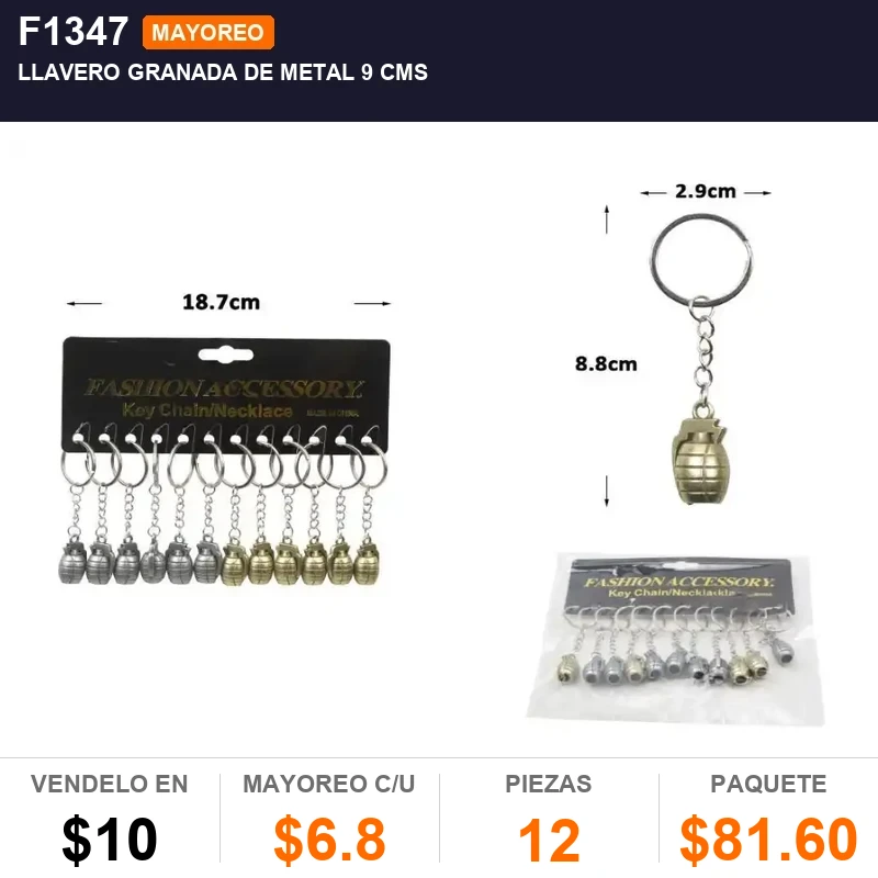 Llavero granada de metal 9 cms - Pack x12