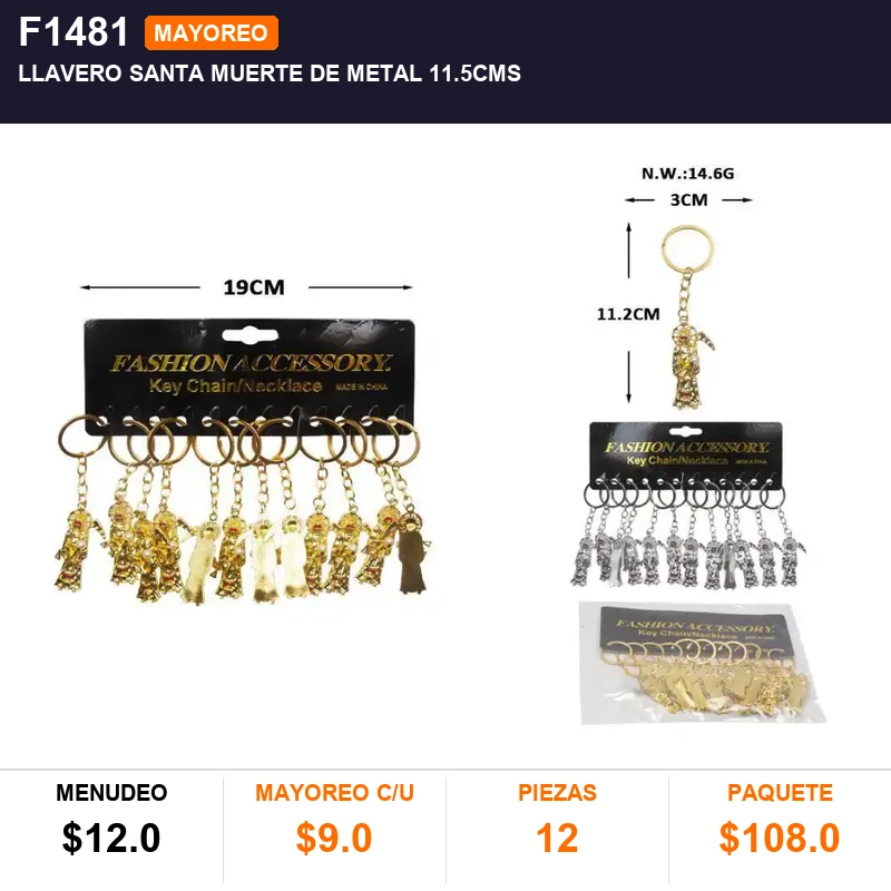 Llavero santa muerte de metal 11.5cms - Pack x12