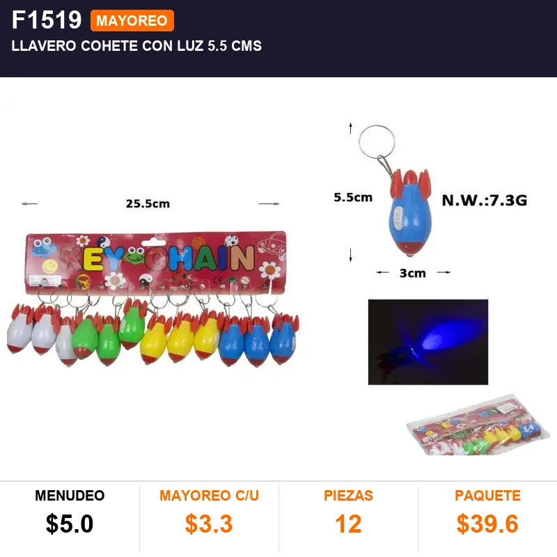 Llavero cohete con luz 5.5 cms - Pack x12