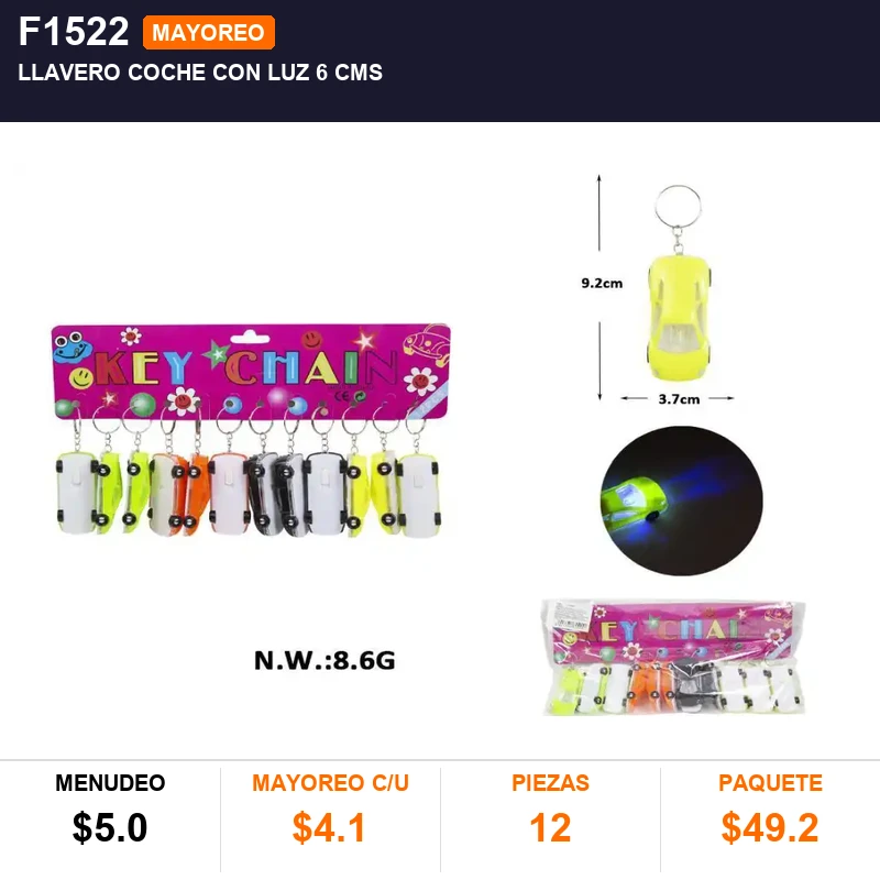 Llavero coche con luz 6 cms - Pack x12