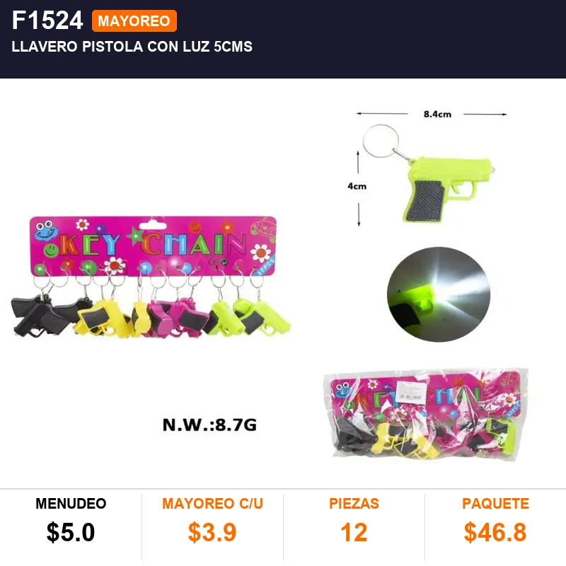 Llavero pistola con luz 5cms - Pack x12