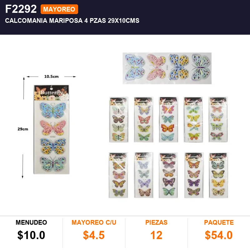 Calcomania mariposa 4 pzas 29x10cms - Pack x12