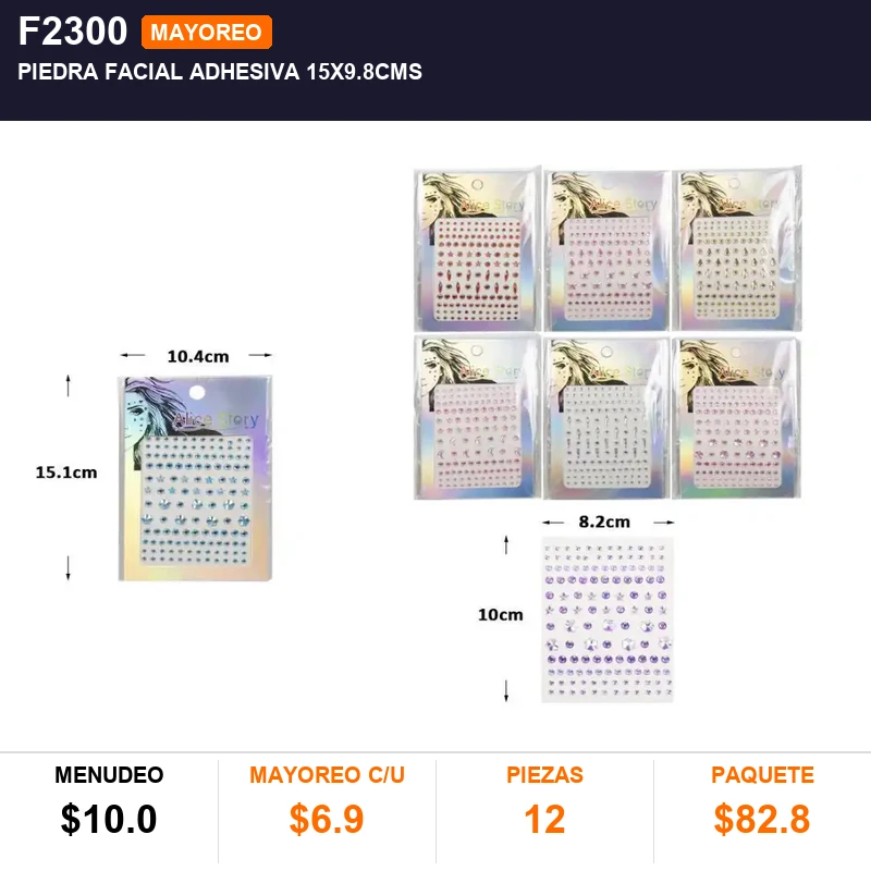 Piedra facial adhesiva 15x9.8cms - Pack x12