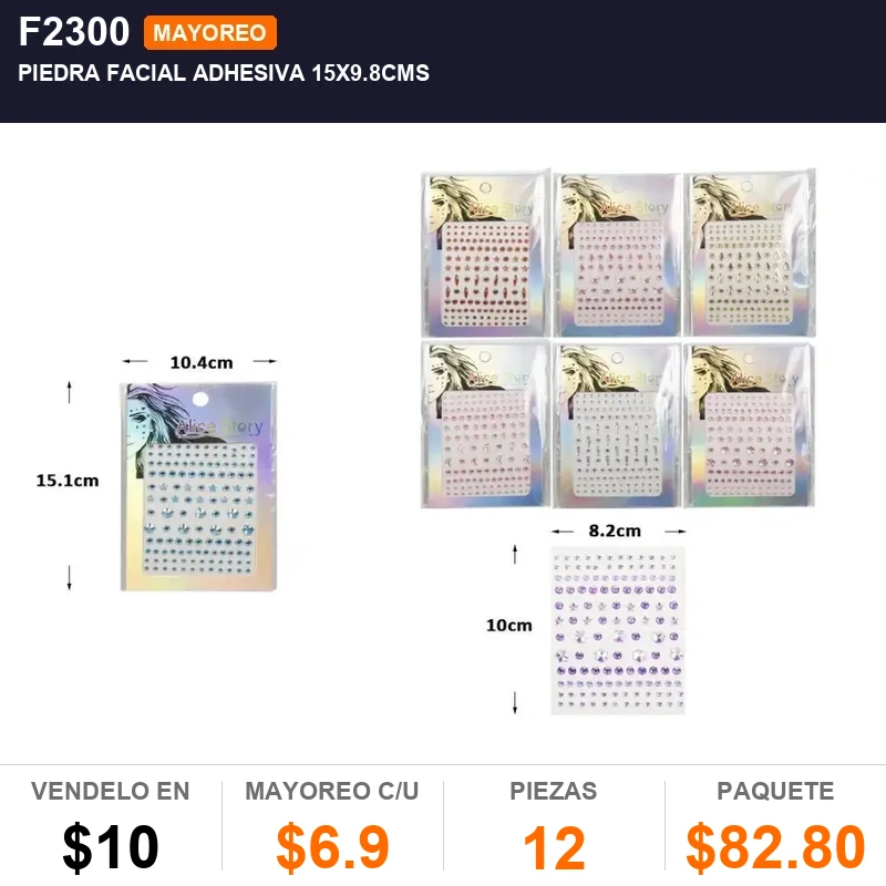Piedra facial adhesiva 15x9.8cms - Pack x12