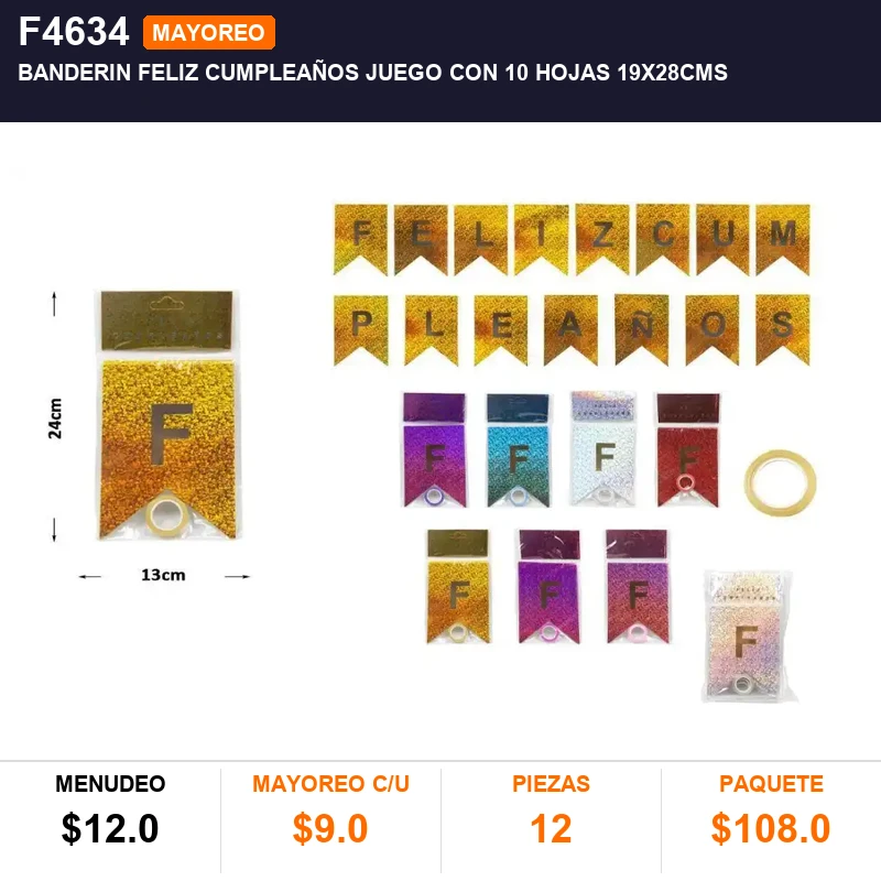 Banderin feliz cumpleaños juego con 10 hojas 19x28cms - Pack x12