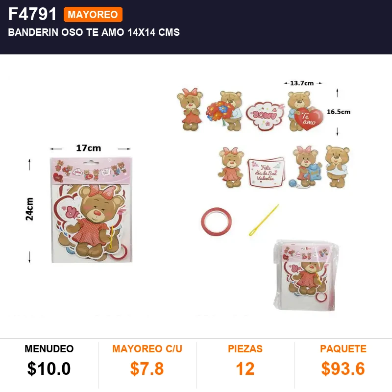 Banderin oso te amo 14x14 cms - Pack x12