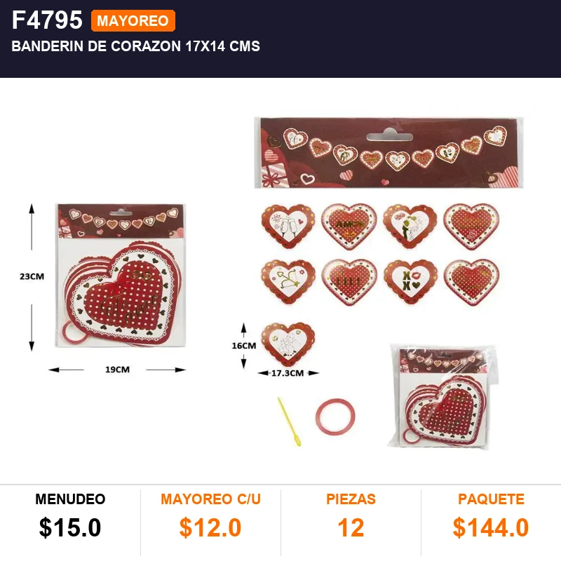 Banderin de corazon 17x14 cms - Pack x12
