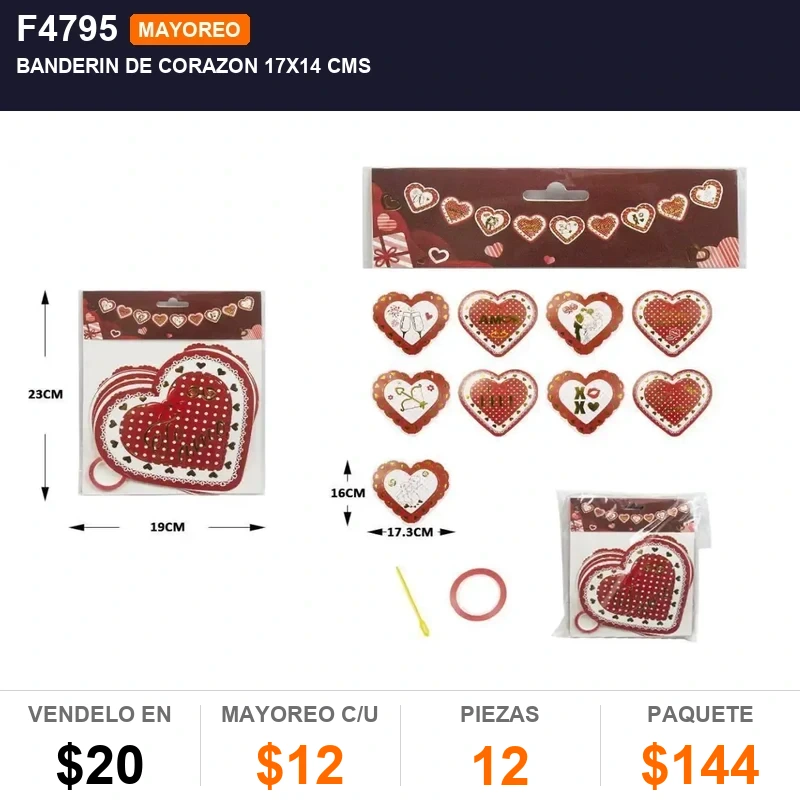 Banderin de corazon 17x14 cms - Pack x12