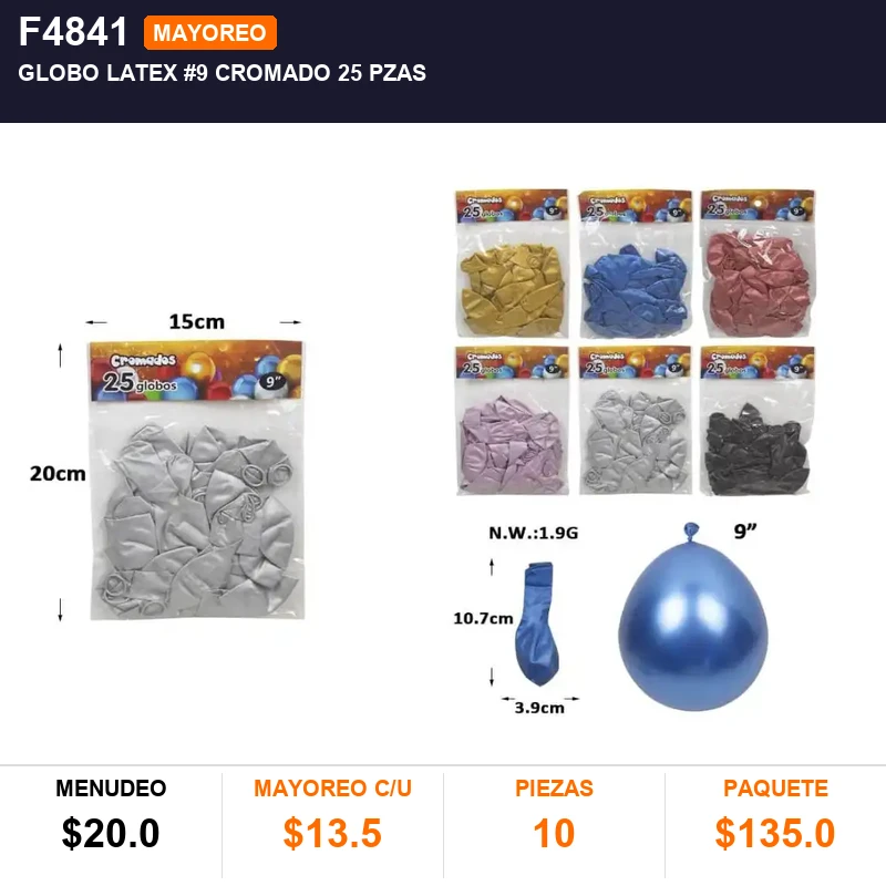 Globo latex #9 cromado 25 pzas - Pack x10