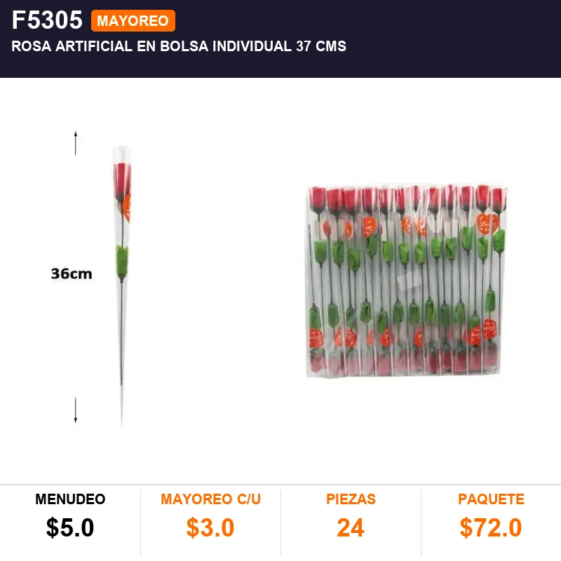 Rosa artificial en bolsa individual 37 cms - Pack x24