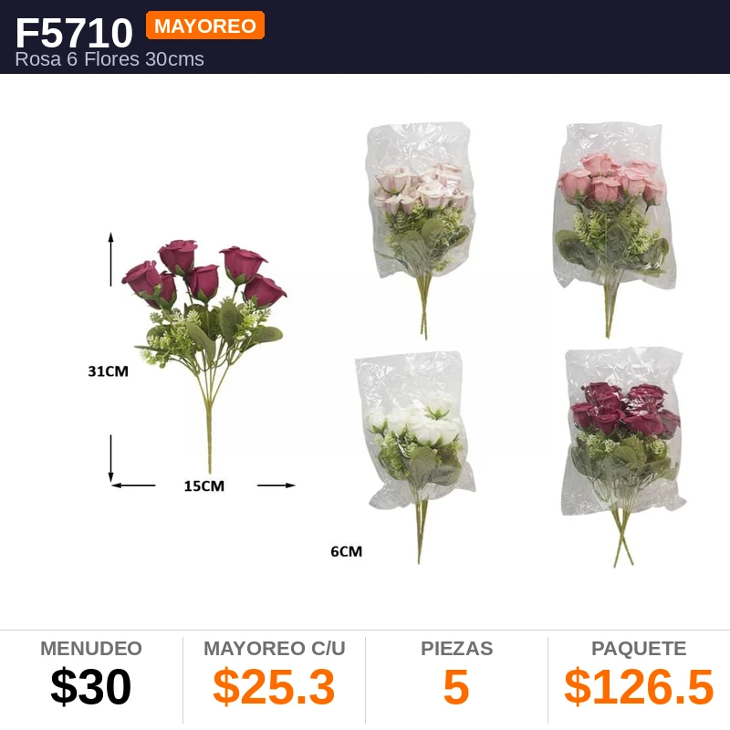 Rosa 6 Flores 30Cms - Pack x5