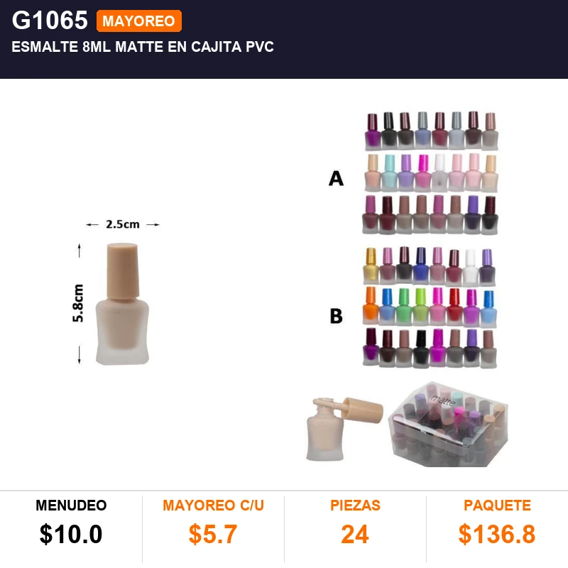 Esmalte 8ml matte en cajita de pvc - Pack x24