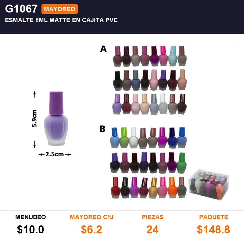 Esmalte 8ml matte en cajita de pvc - Pack x24