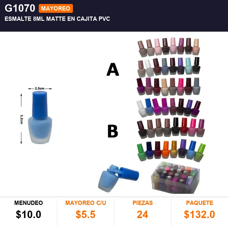 Esmalte 8ml matte en cajita de pvc - Pack x24