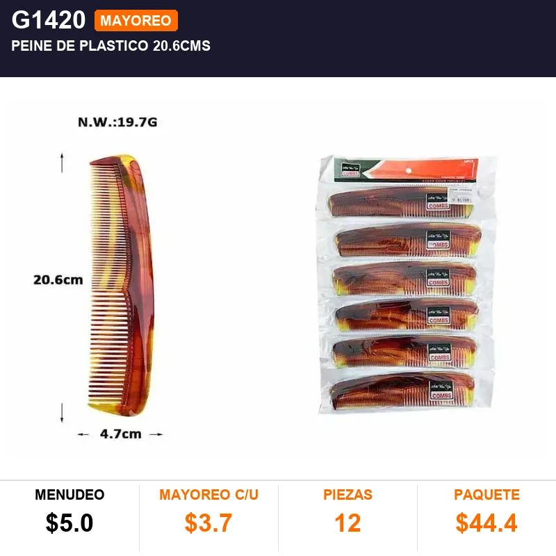 Peine de plastico 20.6cms - Pack x12