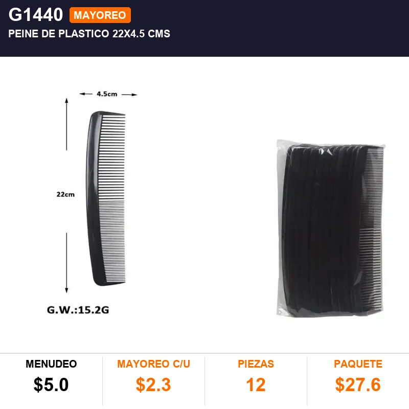 Peine de plastico 22x4.5 cms - Pack x12