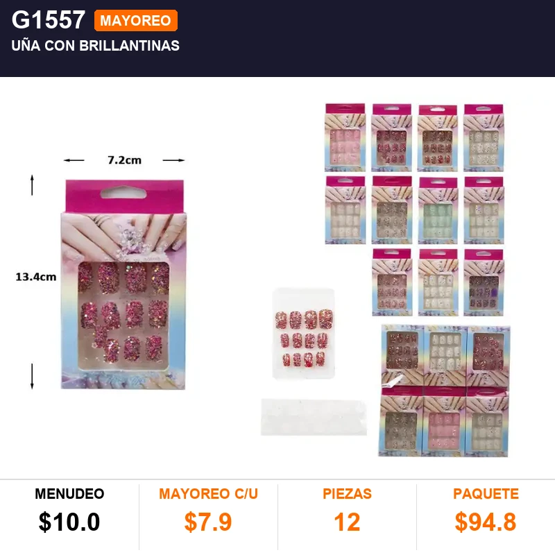 Uña con brillantinas - Pack x12