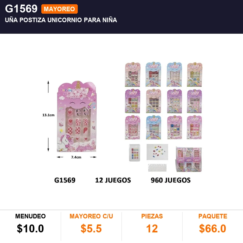 Uña Postiza Unicornio Para Niña - Pack x12