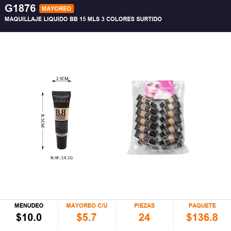 Maquillaje liquido bb 15 mls 3 colores surtido - Pack x24